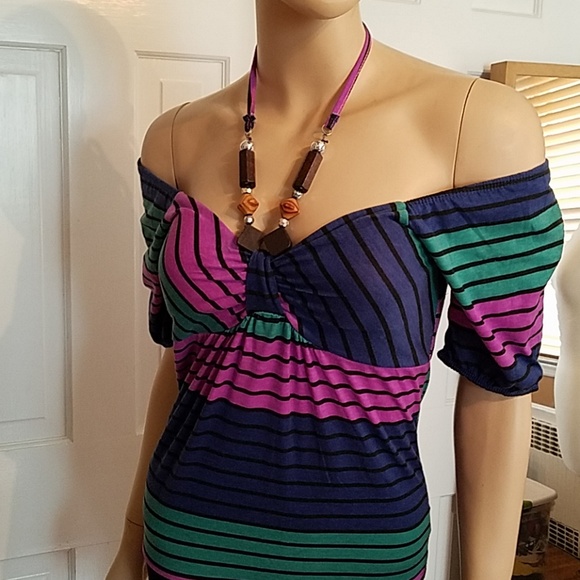 Multi Colored Striped Top w/ Beaded Halter - Picture 6 of 7